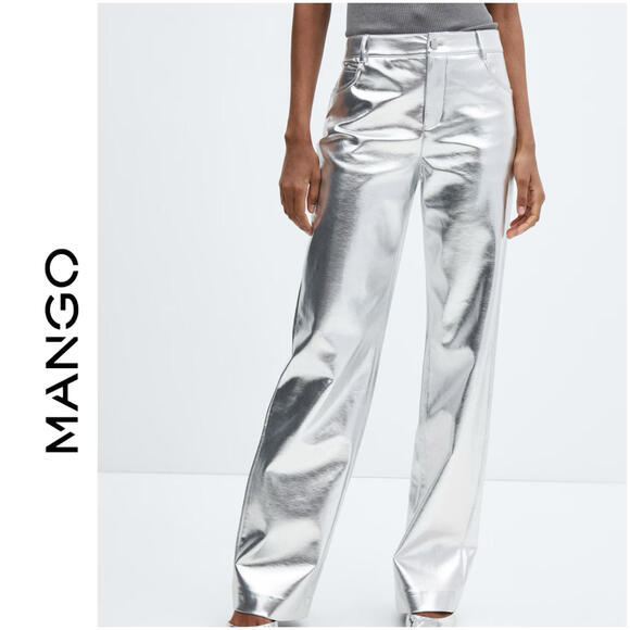 Mango Pants - NWT MNG by MANGO SZ 4 Rave Metallic Mid Rise Silver Faux Leather Wide Leg Pants